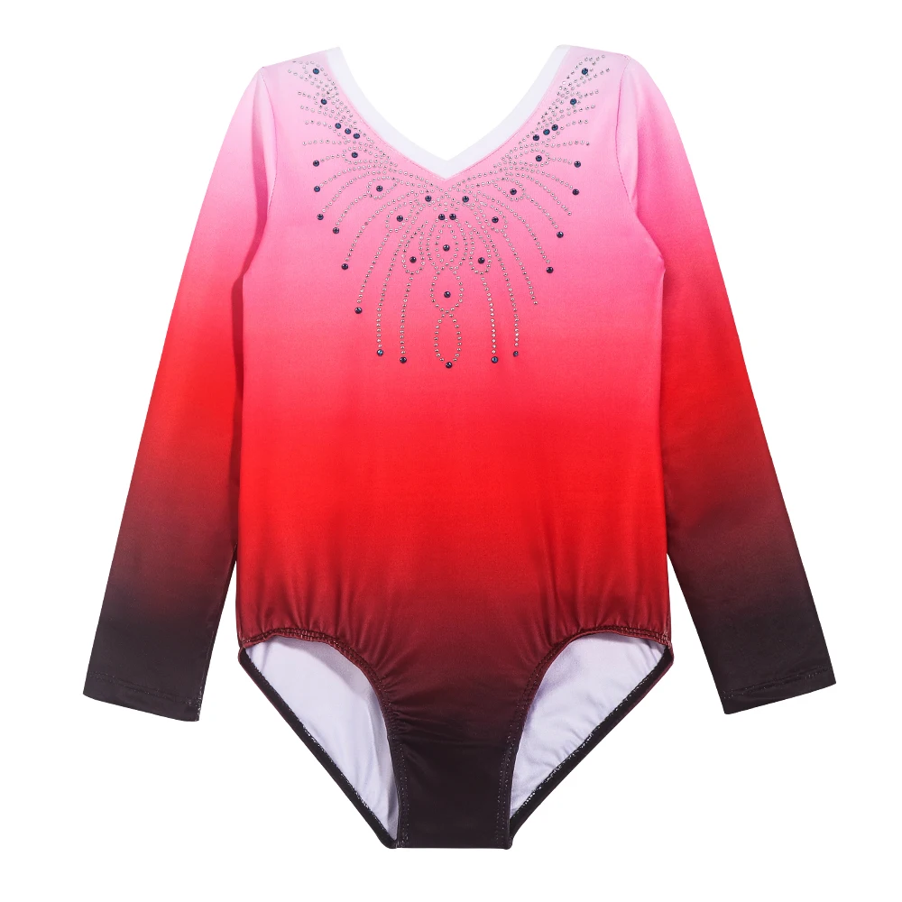 Girls Gymnastic Leotard Long Sleeve Color Gradient Sparkly Ballet Dance One Piece Outfit Dancing Activewear for Kids