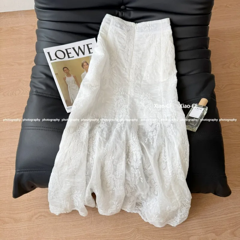 

French Style Design Lace Embroidery White Skirt Women Summer New Splicing Fish Tail Unique High Waisted Mid Length Skirts