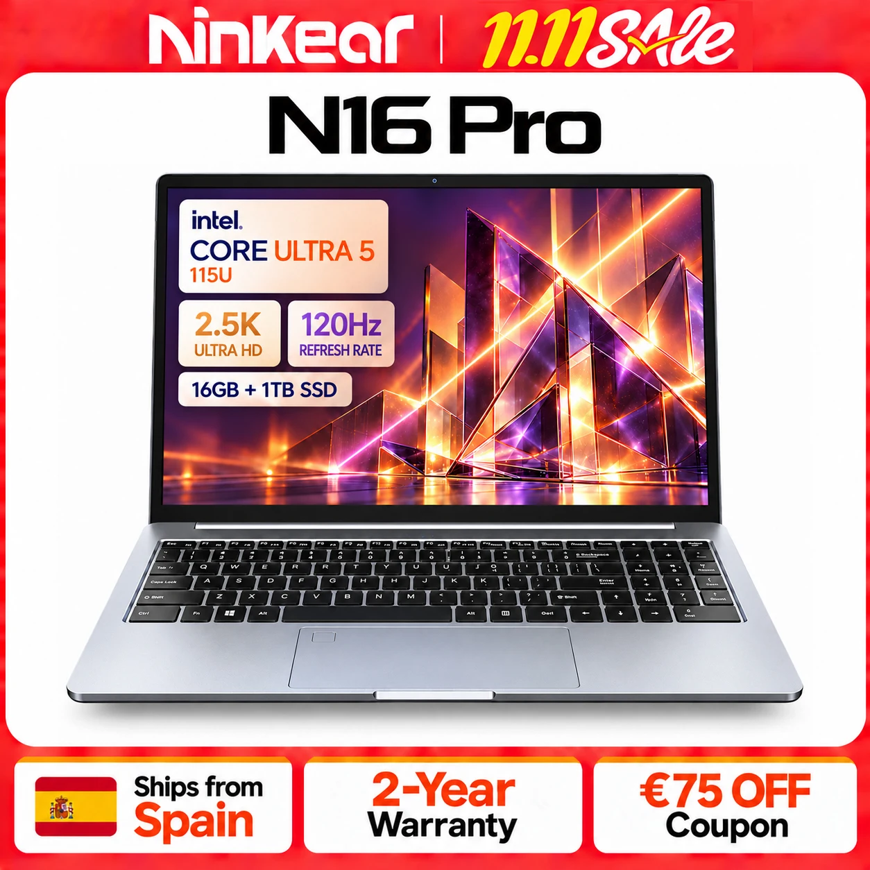 Ninkear N16 Pro AI Ordinateur Portable 16 Pouces Écran 2.5K 120Hz Intel Core Ultra 5 115U 16Go RAM LPDDR5 1To SSD Windows 11 NPU IA 11 TOPS WiFi 6 emp