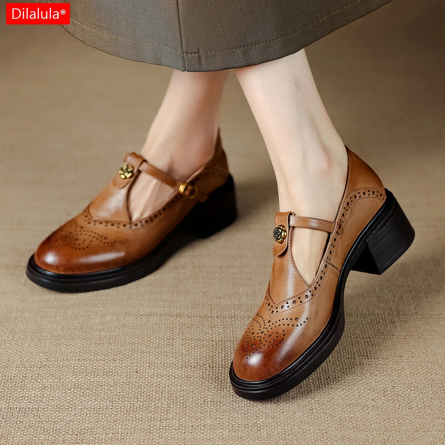 

Dilalula 2026, классические туфли-лодочки из натуральной овчины в британском стиле с Т-образным ремешком, женские кожаные туфли-броги на среднем толстом каблуке в стиле ретро