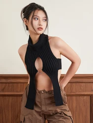 wsevypo =Irregular Knitted Halter Vest Women Streetwear Sleeveless Backless High Neck Front Cutout Metal Ring Slit Hem Tanks