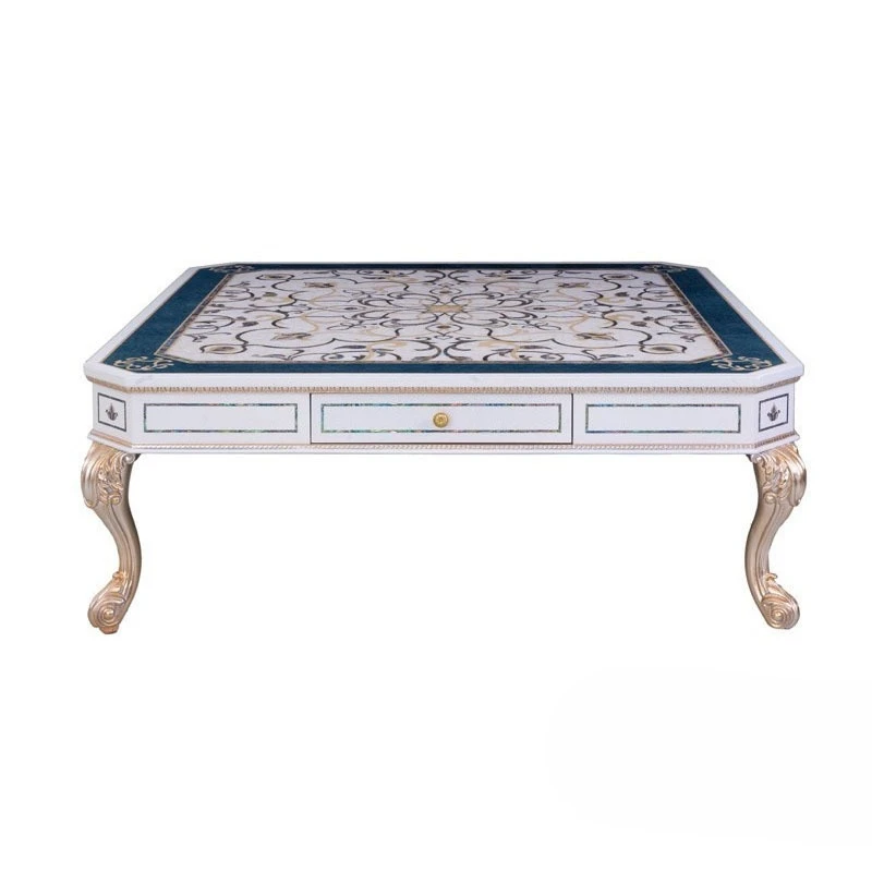 

Living room square tea table mahogany carved shell parquet with coffee table