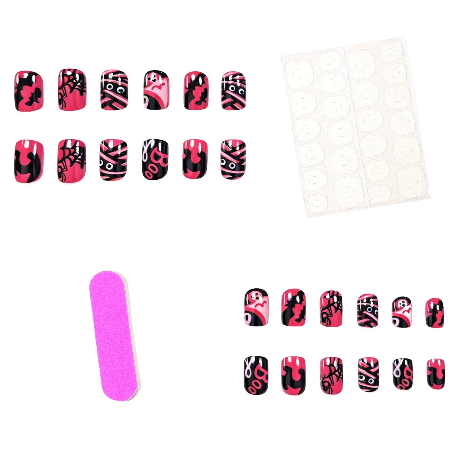 24 Stück rosa-schwarz farbblockierte künstliche Nägel im Halloween-Stil, kurze quadratische Kunstnägel mit Bandage-Geister- und Spinnendesign, zum Aufkleben. – Detail 5