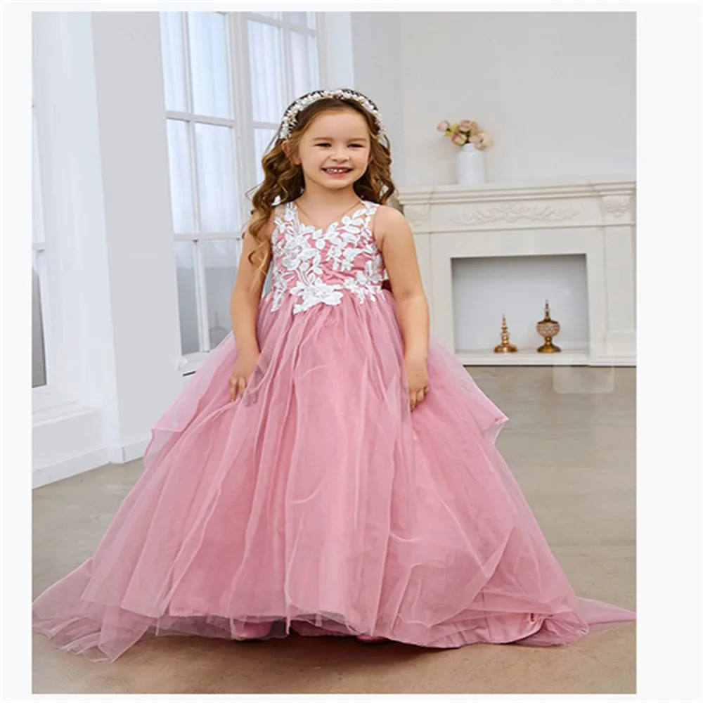 Pink Flower Girl Dress White Decal V-neck Fluffy Sleeveless Wedding Elegant Little Princess Birthday Gown elegant formal Dress