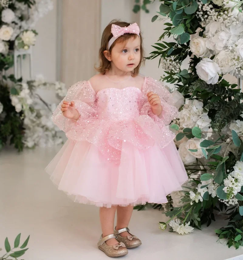 Abito da ragazza di fiori rosa chiaro per matrimonio o-collo paillettes con fiocco Puffy Kids compleanno prima comunione Princess Ball Gowns