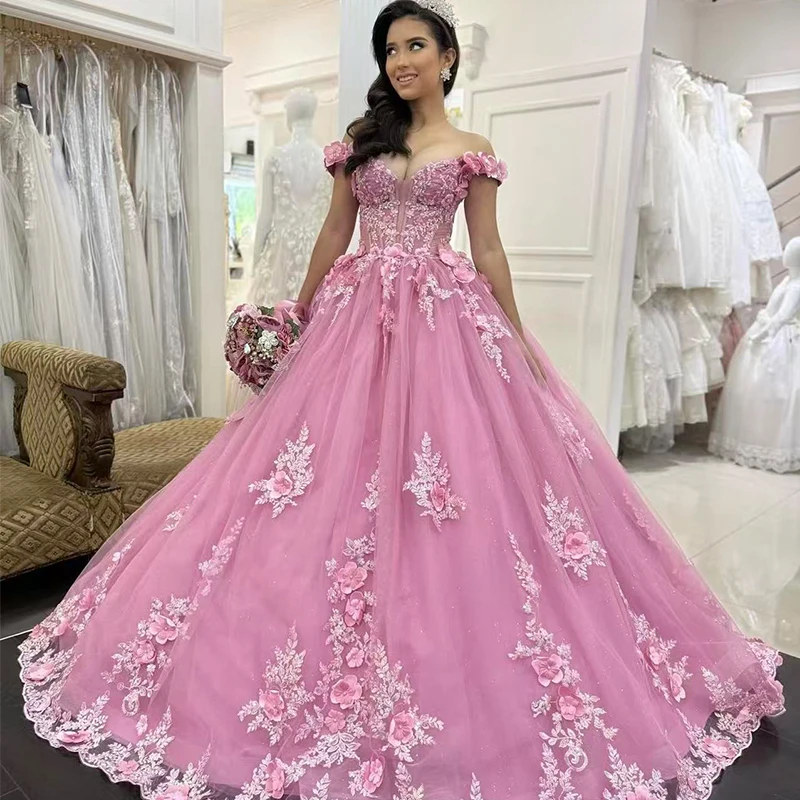 

Pink Quinceneara Dress Sequins Organza With Embroidery Ball Gown Sleeveless Boat Neck Customized Cinderella 15 Girls 3d Flower