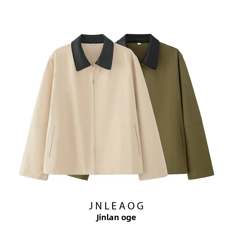 JNLEAOG Autunno Nuovo Faionable Casual Bicolore Colletto in pelle PU Biker Jaet Fibra di poliestere da donna Vestibilità ampia Chiusura con cerniera