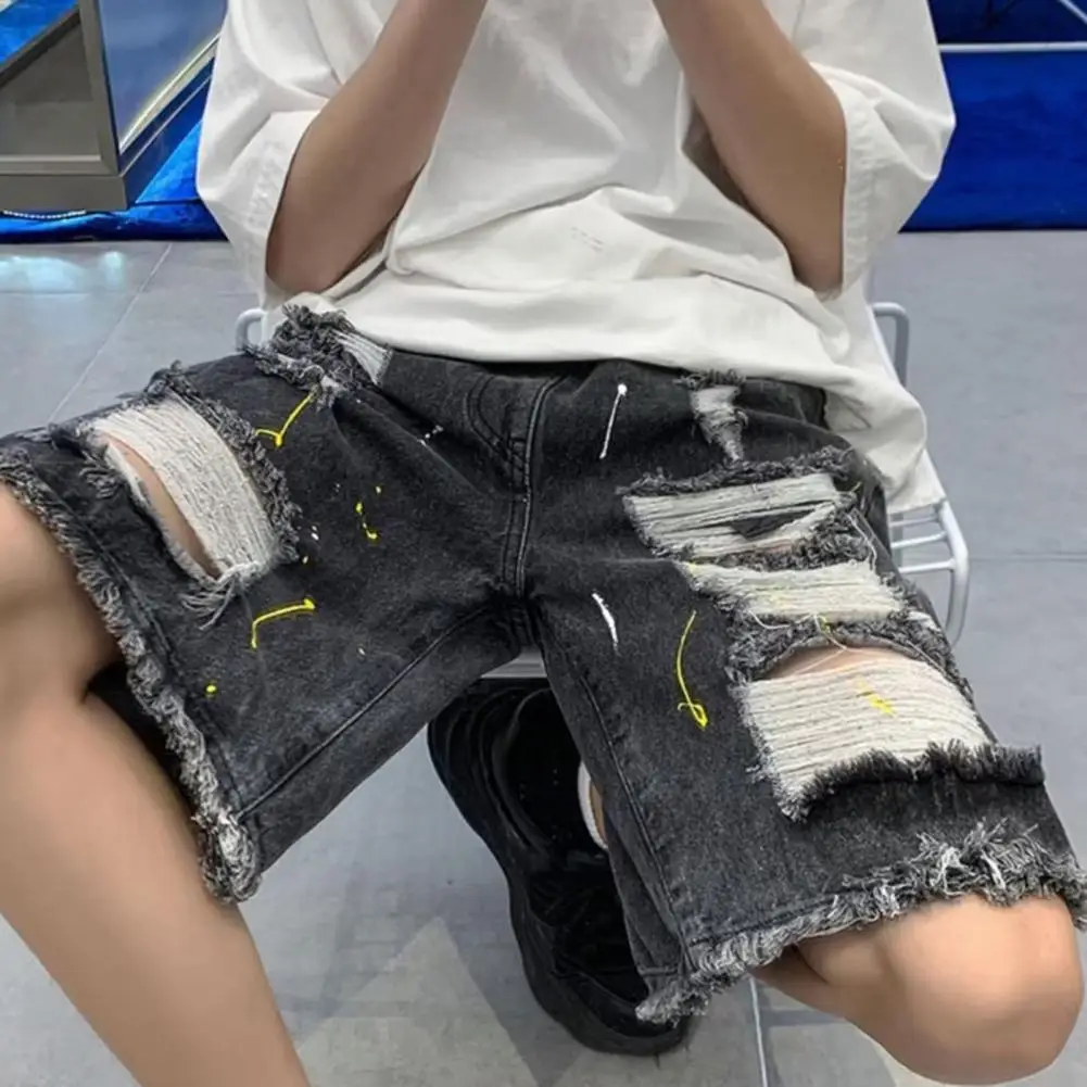 

Men Slim Fit Denim Shorts Denim Shorts with Drawstring Men's Summer Denim Shorts with Elastic Drawstring Waistband Ripped for A