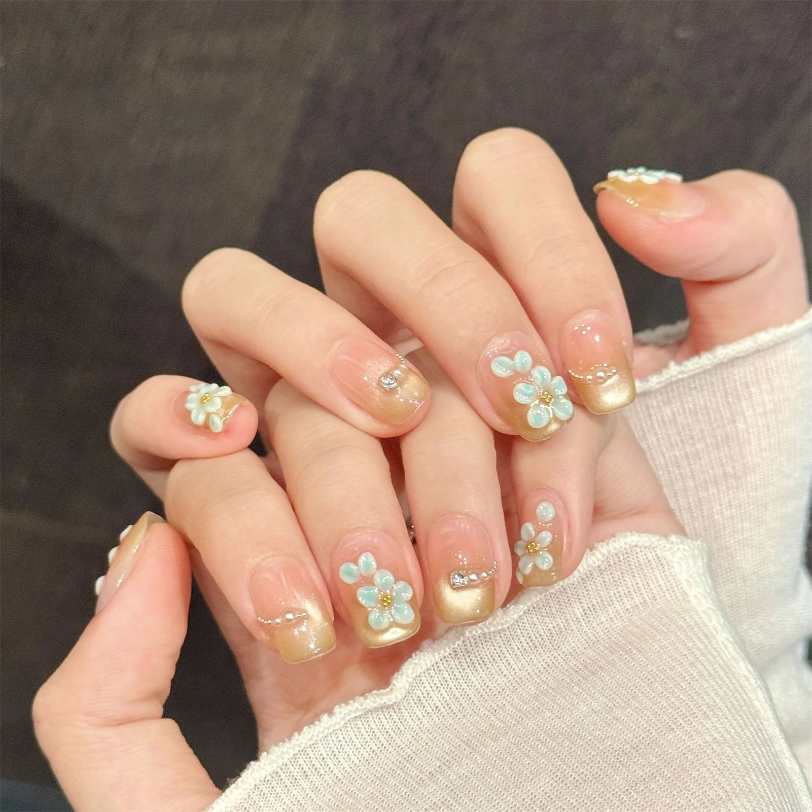 Handmade Fake Nails 10pcs Wearable Artificial Nails Pink Gold Gradient False Nails Green Glaze Flowers Designs Press On Nails