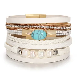 ALLYES Fashion Natural Stone Pearl Braided Leather Bracelet for Women Men Boho Multilayer Wrap Wide Bangles Ethnic Jewelry
