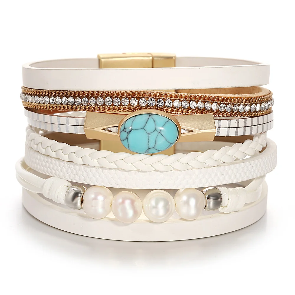 ALLYES Fashion Natural Stone Pearl Braided Leather Bracelet for Women Men Boho Multilayer Wrap Wide Bangles Ethnic Jewelry