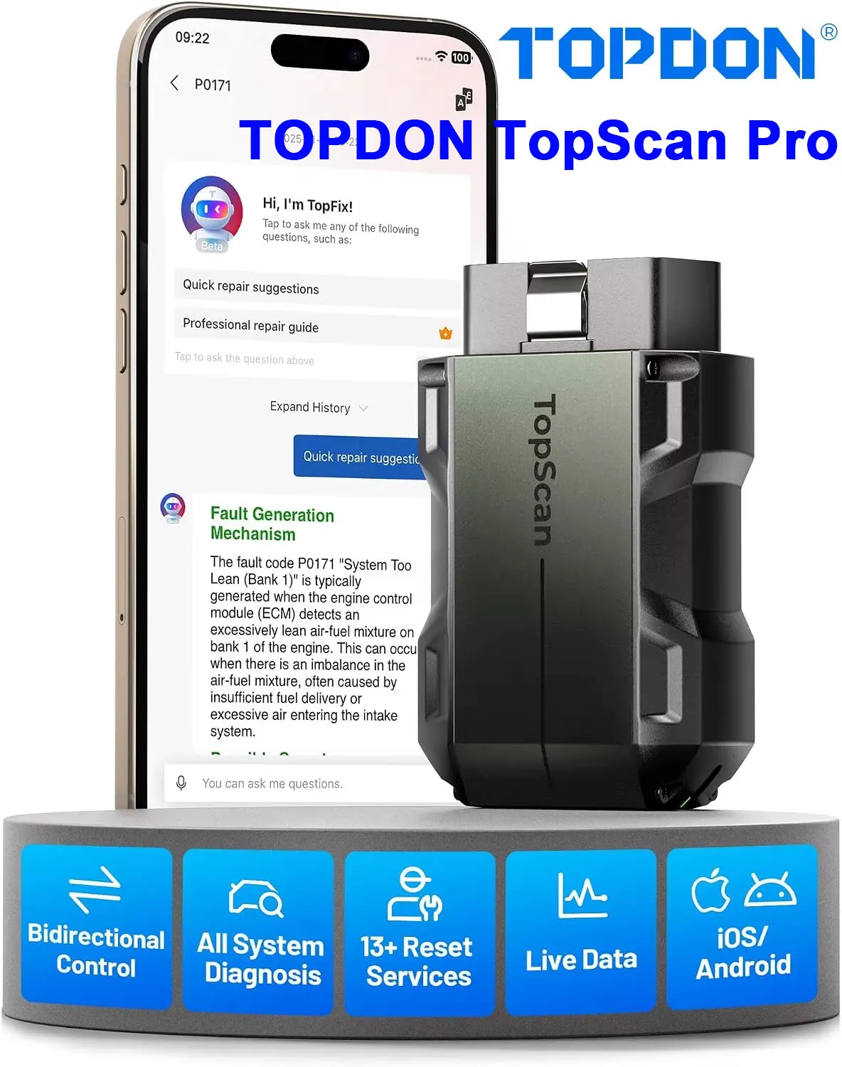 TOPDON TopScan Pro Bidirectional OBD2 Scanner Bluetooth for iOS & Android 13+ Resets Car Scanner FCA AutoAuth CAN FD Live Data