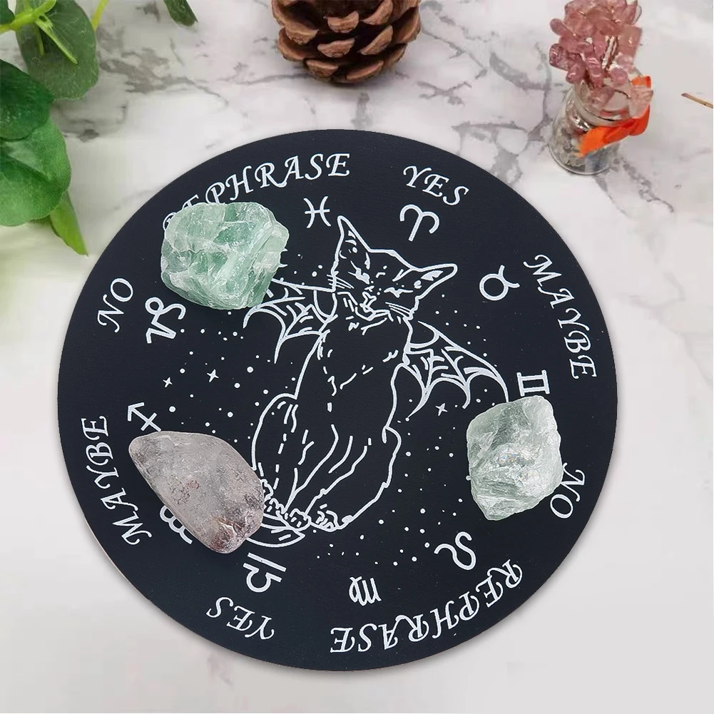 Wooden Constellation Cat Ouija Board Crystal Energy Stone Pendulum Board Desktop Game Board Round Meditation Tray Home Ornament