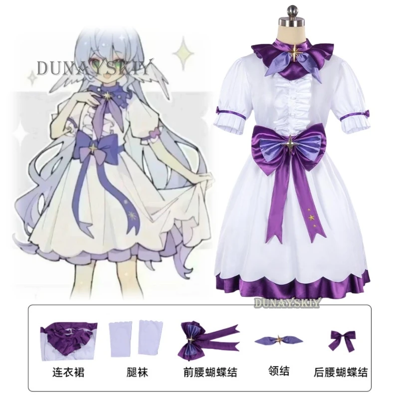 Juego Honkai: Star Rail Robin disfraz de Cosplay de la infancia, vestido de princesa blanco púrpura, sombreros, peluca, encantador traje de Halloween para mujer