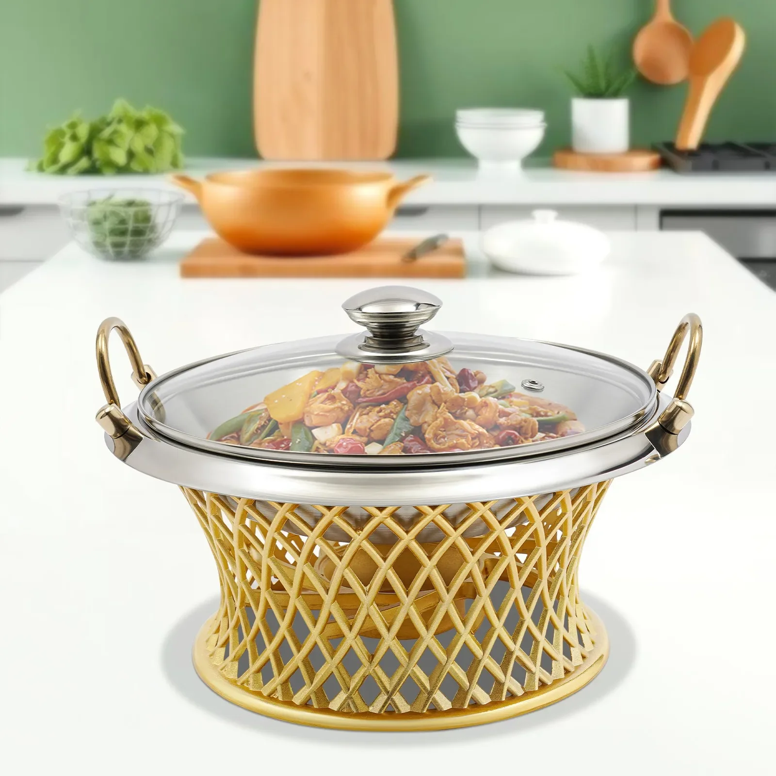 

Gold Waist Alcohol Chafing Dish Buffet Warmer,Round Catering Serving Pot W/ Glass Lid,Tabletop Food Warmer for Parties & Events