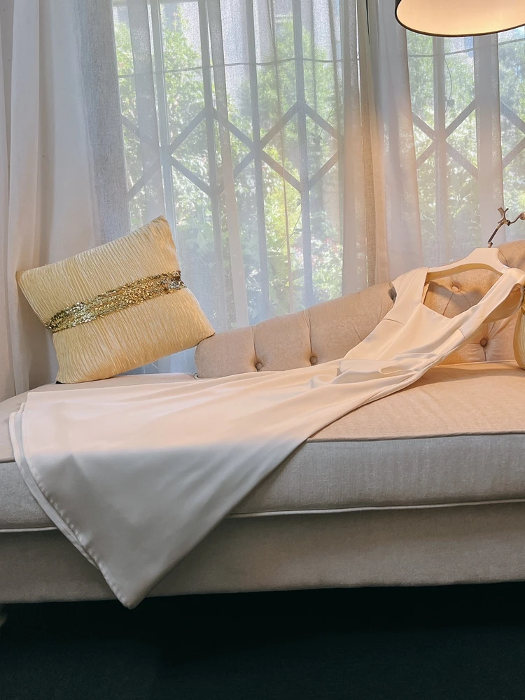 

Винтажное шелковое платье Ele с завышенной талией, бежевое, с плиссировкой, стройнящим эффектом на талии, для женщин, летнее, А-силуэт