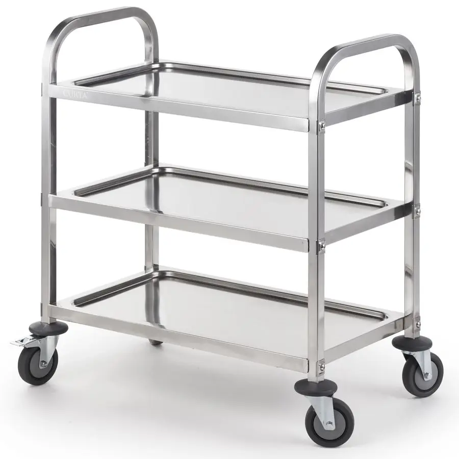 

Stainless Steel Serving Trolley, 30 L x 16 W x 33 H 3 Tiered Shelf Kitchen Utility Cart, Rolling Casters Brake Wheel, Commercial