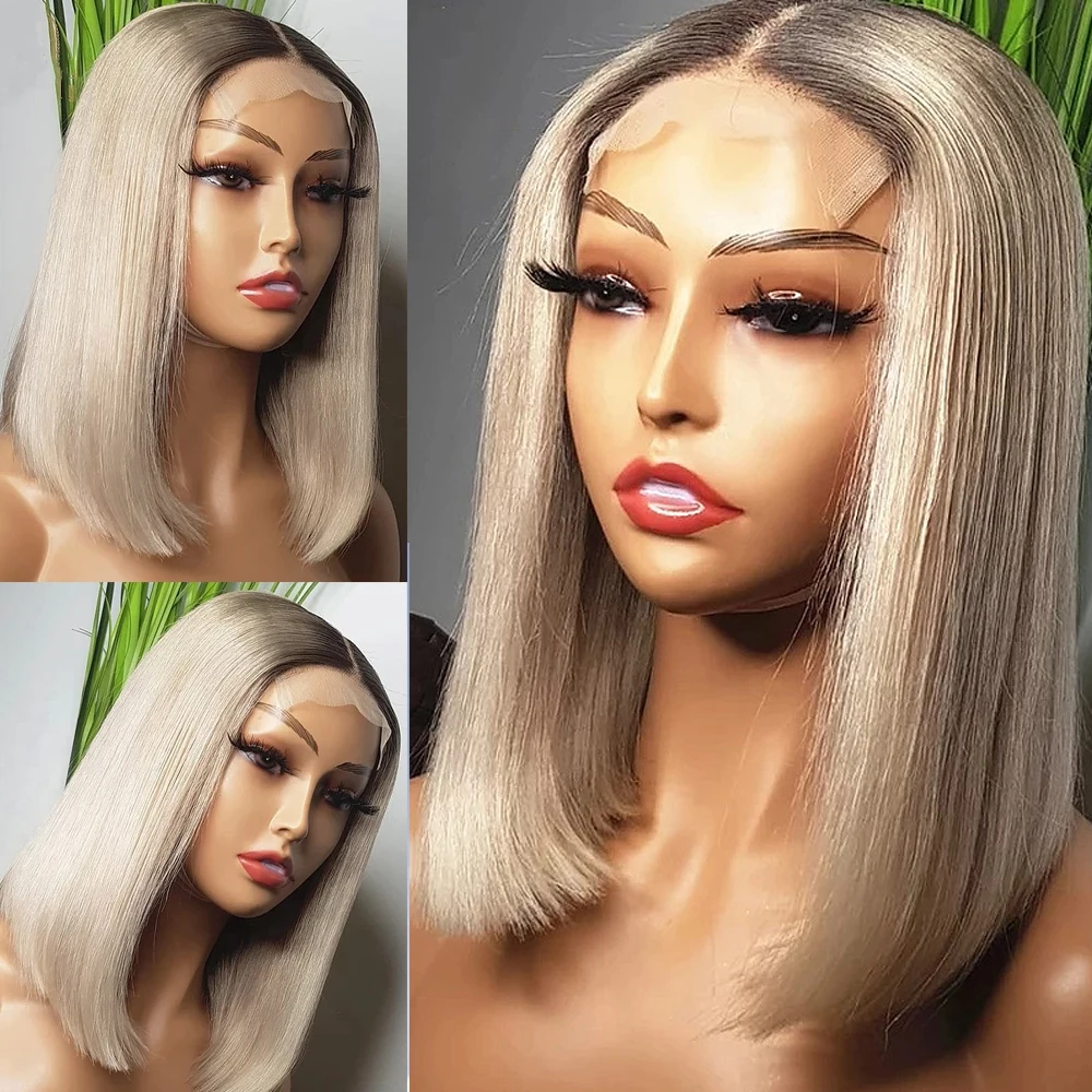 

Ash Blonde Human Hair Lace Front Wig For Women Short Bob Straight Frontal Wigs Transparent Ombre Brazilian 360 lace frontal wig