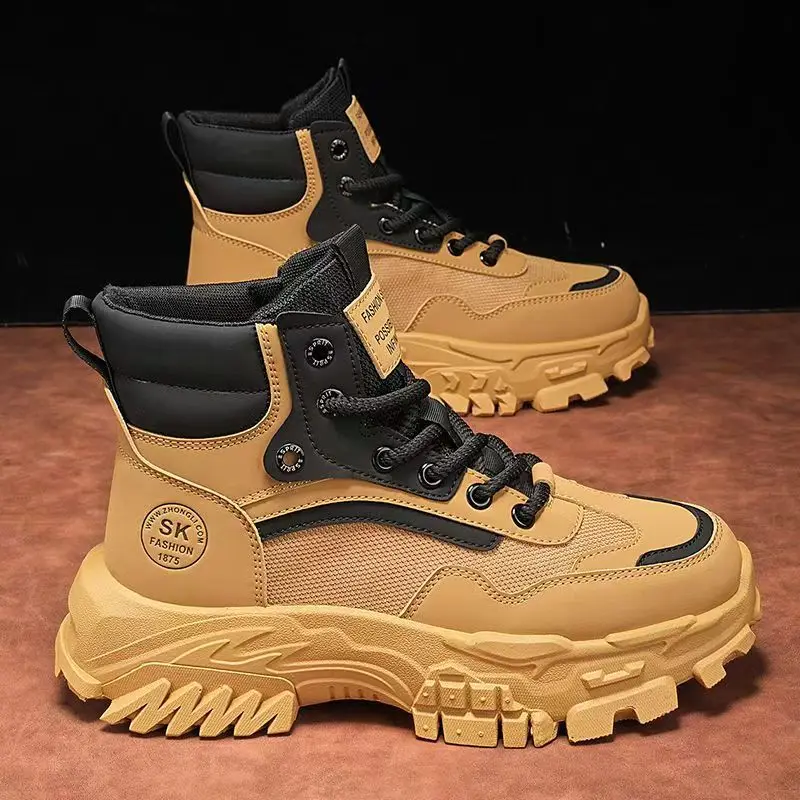 

Men's Autumn Winter Thick Sole High Top Work Boots Round Toe Non Slip Waterproof Lace Up Outdoor Hiking Shoes Climbing Shoes