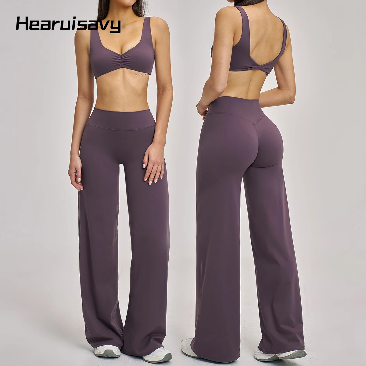 

Спортивный комплект Hearuisavy из 2 предметов: женский топ для йоги с вырезом на спине и присборенной передней частью, а также брюки с высокой талией и широкими прямыми штанинами для спортзала