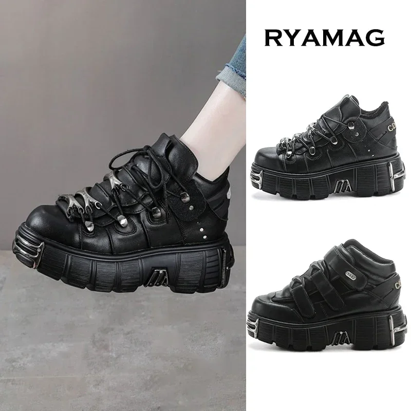 Sneakers Women NEW Punk Style Shoes Lace-up Heel Height 6CM Platform Shoes Gothic Ankle Rock Boots Metal Decor Woman Sneakers