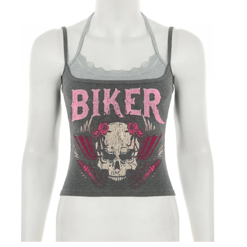 

Summer 25 new fashion comparison, skull print vest, off shoulder, gray Y2K, two-piece, umbilical cord, Harajuku, Kore