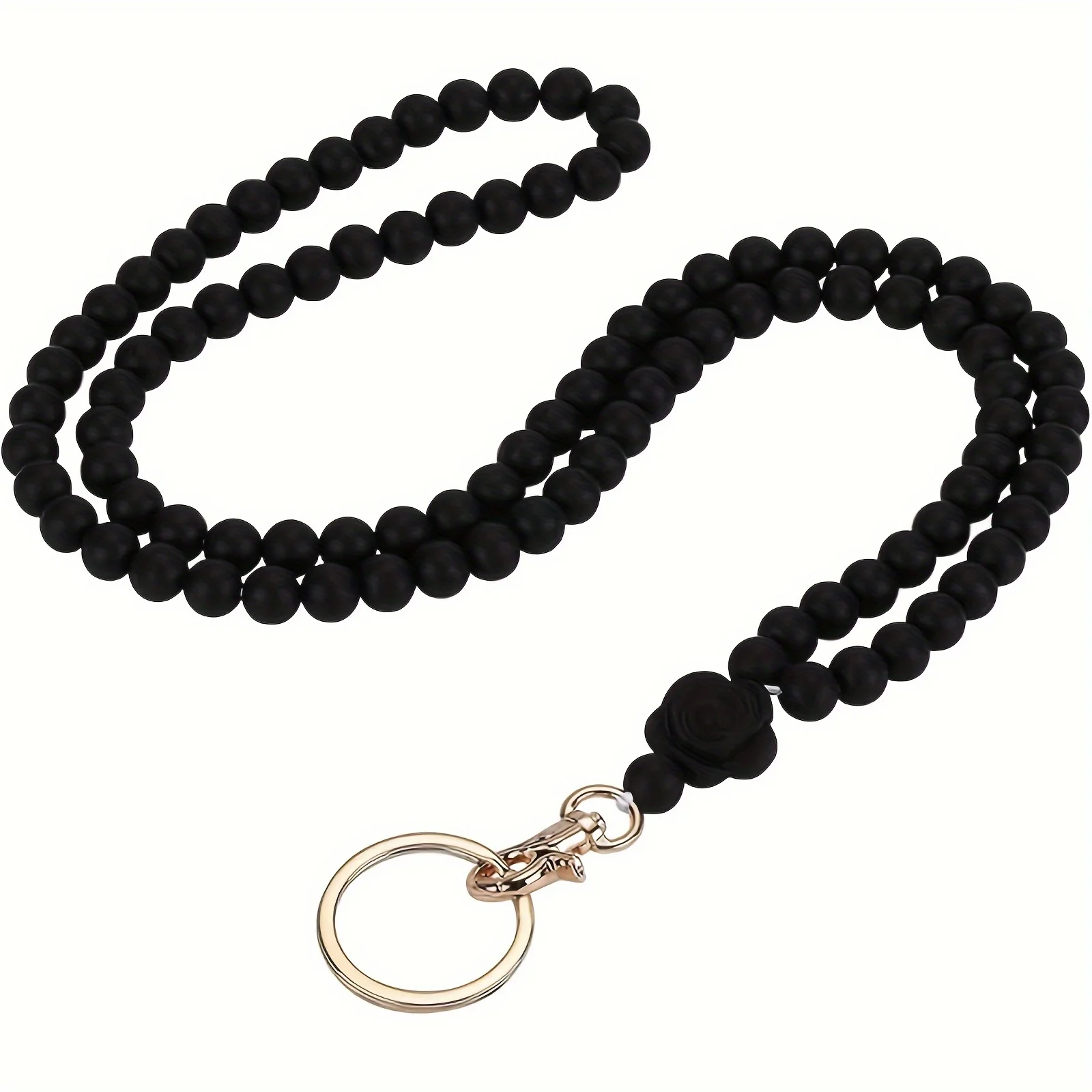 Black Rose Flower Teacher Lanyard for Key Keychain ID Name Card Holder Silicone Beads Neck Strap Key Ring Anti-Lost Hanging Rope