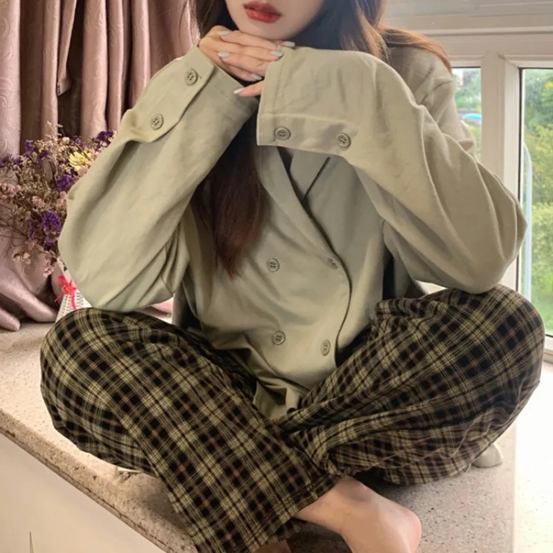 Solid Color Long-sleeved Nightgown 2024 Latest Women Spring Autumn Leisure Sleepwear Plaid Pants Lapel Double-breasted Pajamas