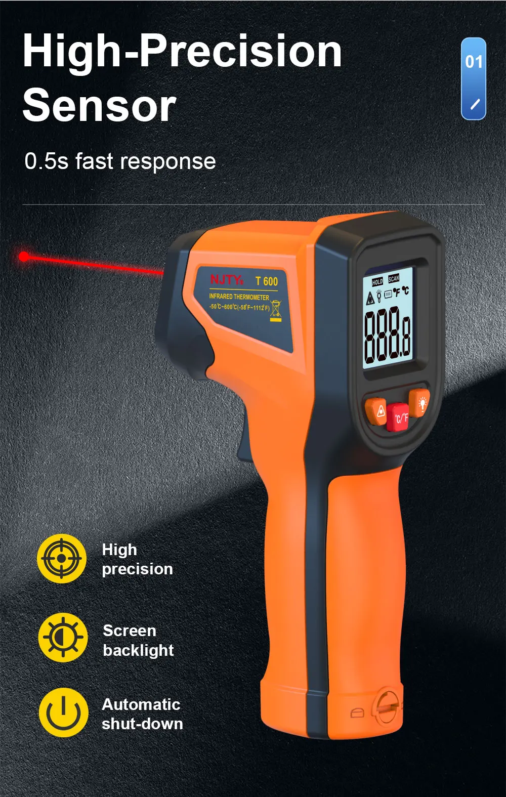 NJTY T600A T600 Digitales Infrarot-Thermometer -58 ° F bis 1112 ° F (-50 ℃ bis 600 ℃ Professionelle industrielle Laser-Temperaturmesspistole – Detail 4