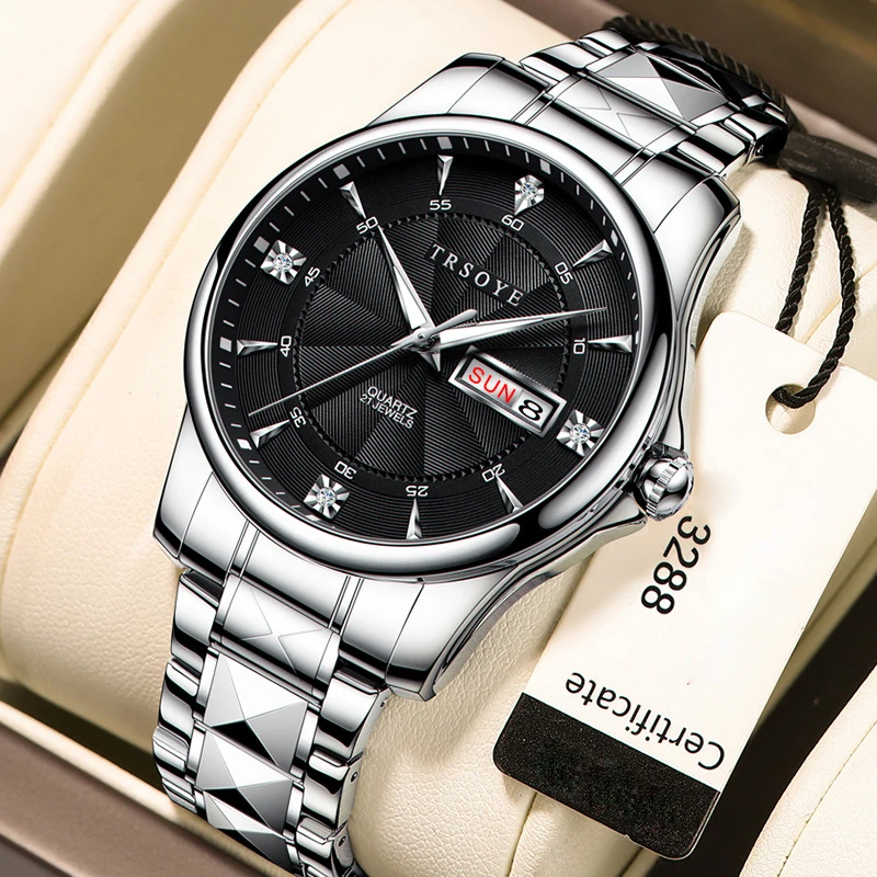 

2023 New Watch Men's Top Quailty Quartz Watch Tungsten Steel Strap Auto Date Week Luminous Waterproof Male Wristwatches Clock