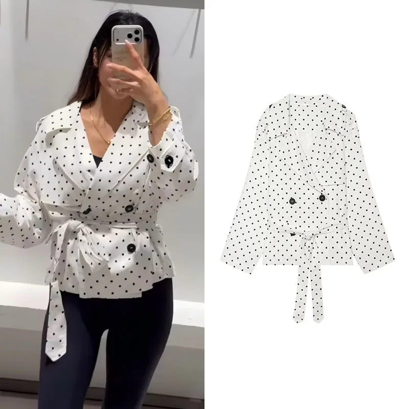 Guobioziy Women's Top 2026 New Polka Dot Collar Double-Breasted Tie Short Trench Coat Clean Cut Simple Loose Drop Shoulder