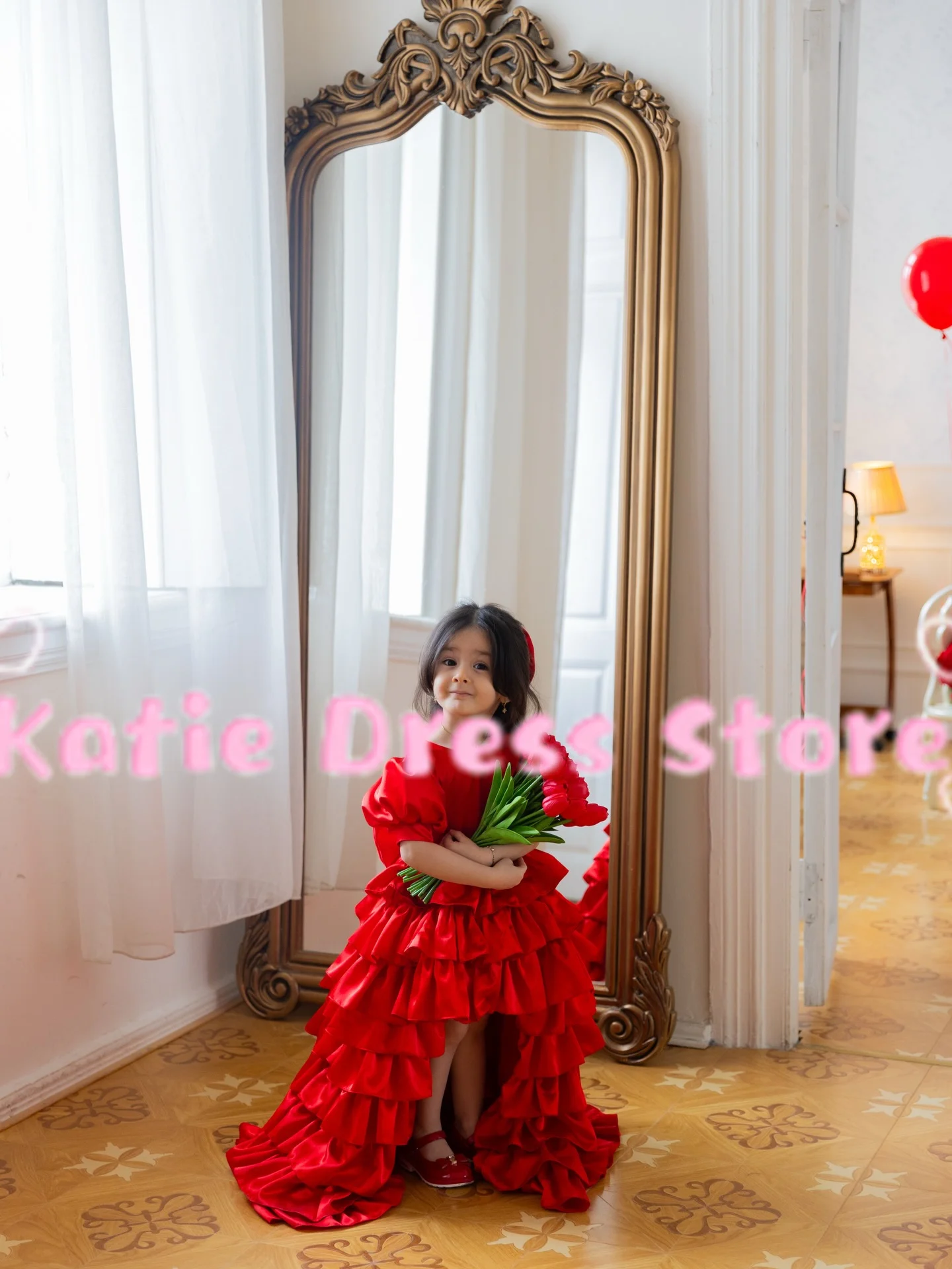 

Customized Red Flower Girl Dress For Wedding Ruffles Short Sleeve With Bow Kids Birthday Party First Communion Ball Gowns