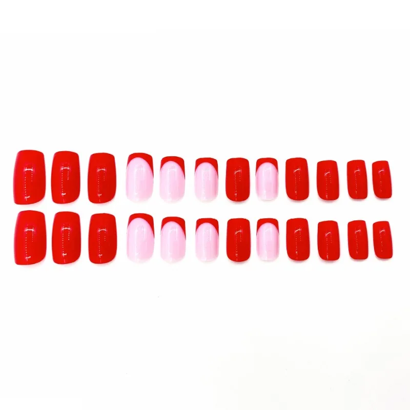 Unhas postiças simples francesas com cola, vermelho, curto, removível, vestindo, cobertura total, à prova d'água, pressione, cereja, 24pcs, conjunto