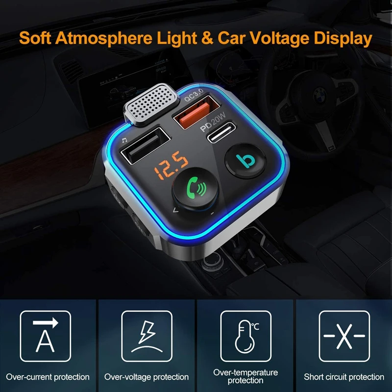 Car FM Transmitter Adapter Bluetooth 5.0 MP3 Player Wireless Handsfree Type-C PD 20W+ QC3.0 Fast USB Charger