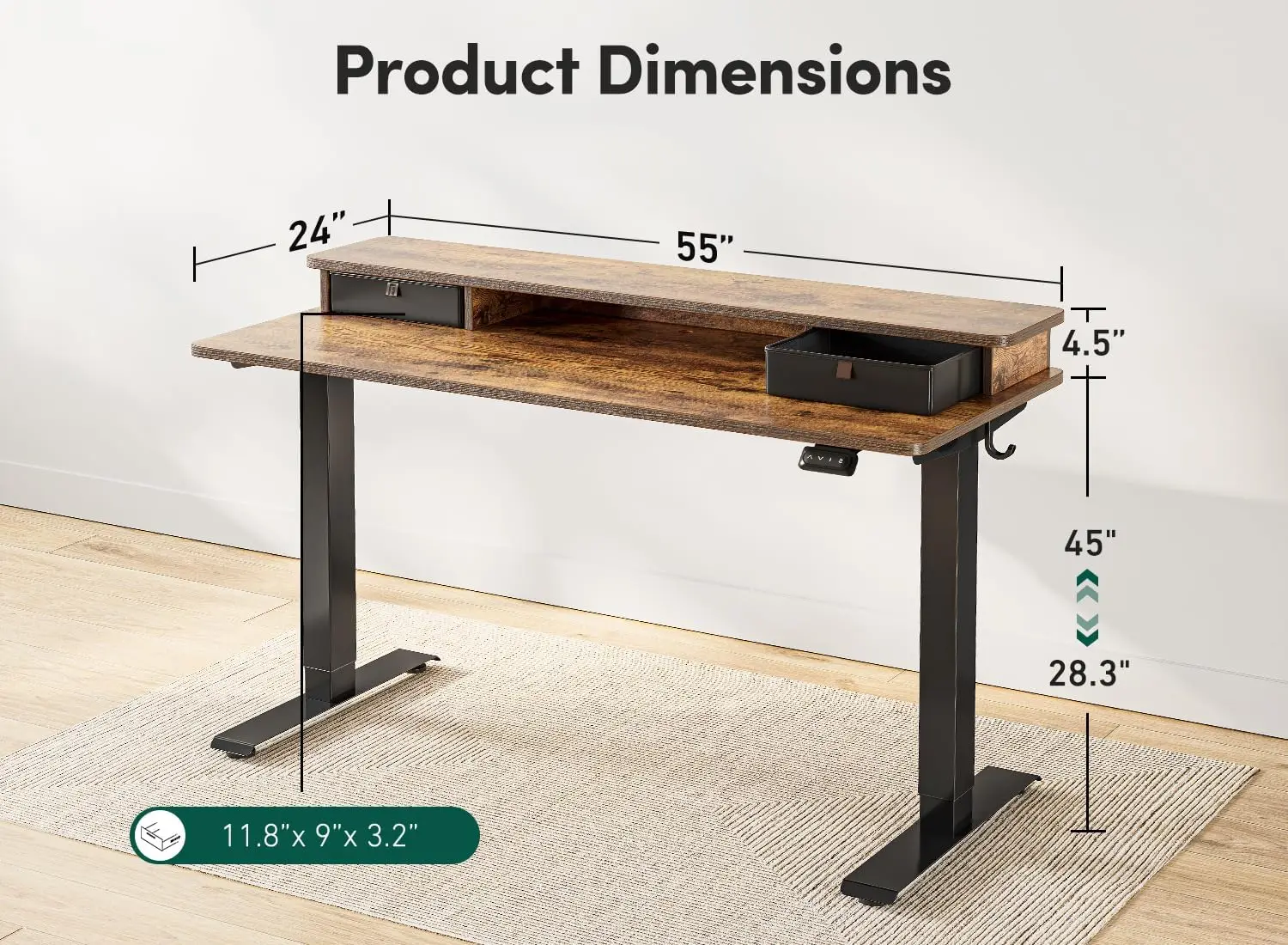 FEZIBO 55 x 24 inch in hoogte verstelbaar elektrisch sta-bureau met dubbele lade, sta-bureau met opbergplank, zitstandaard