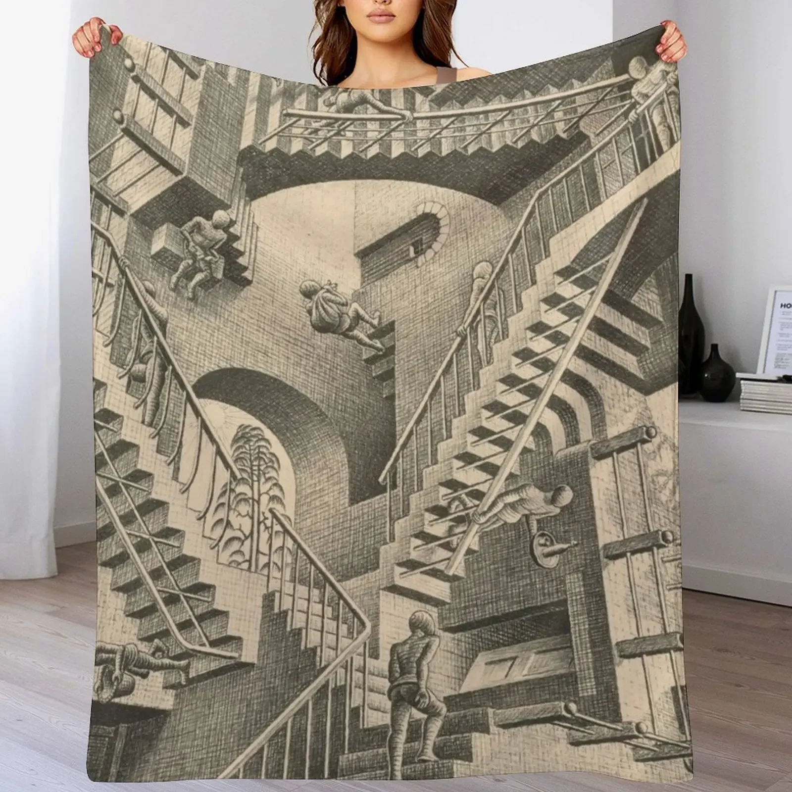 Escher - Relativity Throw Blanket Large Personalized Gift Flannel Fabric Quilt Blankets