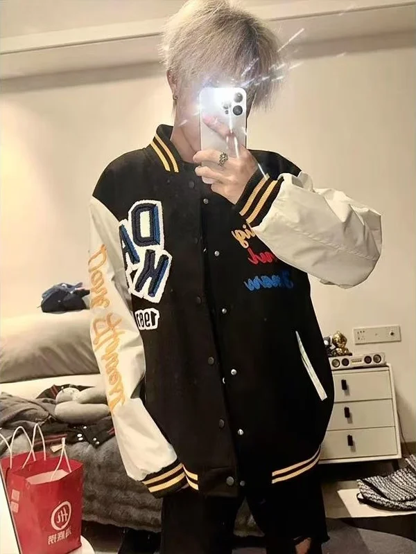 Jaet con letras bordadas Retro americanas, ropa de abrigo holgada de béisbol para hombre, moda Otoño Invierno, chaqueta fresca versátil