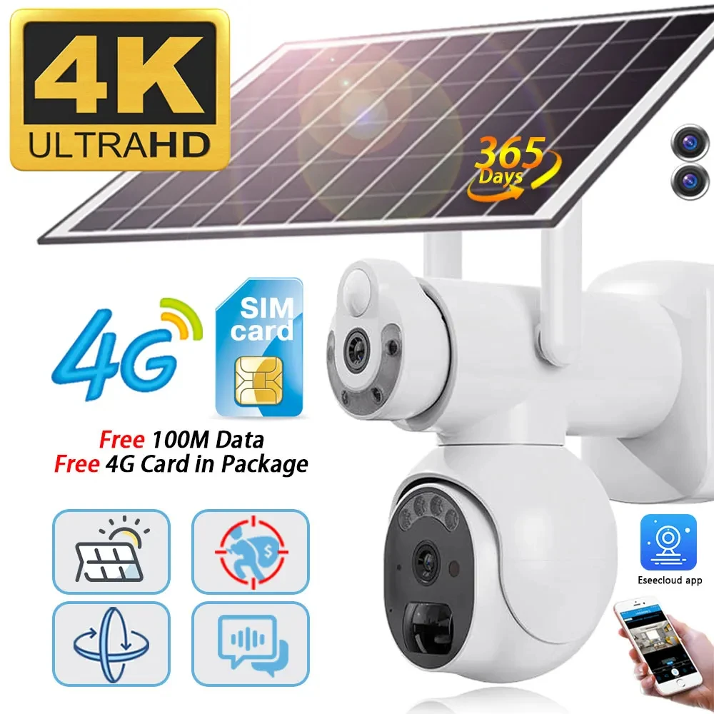 

8MP Dual Lens 4G Solar Camera 360 Wireless Outdoor Battery Security IP Cameras 2-Way Audio AI Human Detection Smart 4G Camera