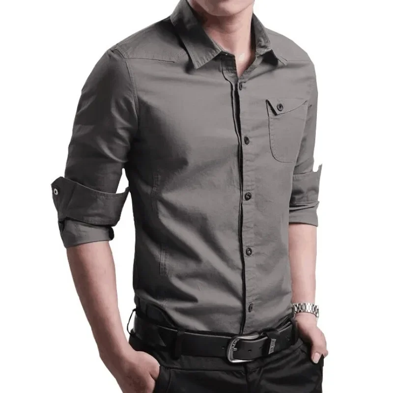 

Slim Fit Korean Style Versatile Business Casual Shirt Casual Large Size Solid Color T-shirt New Cotton Male Long Sleeve Men