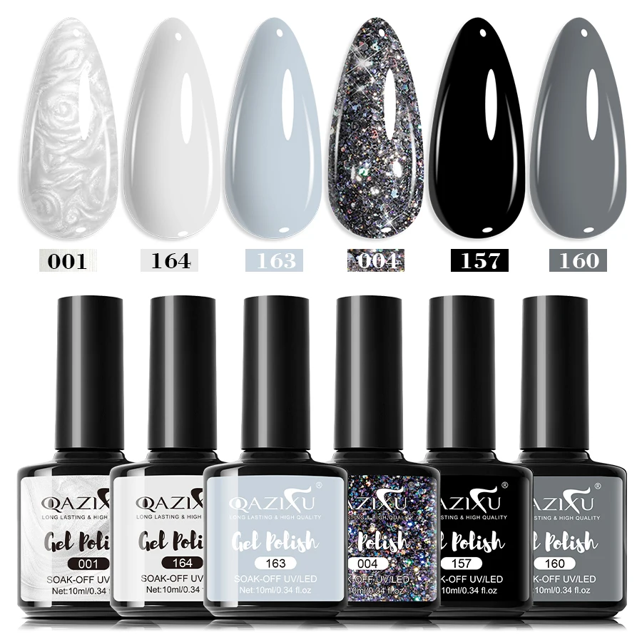 QAZIXU 1/6Pcs Grey White Color Nail Gel Polish Glitter Gel Semi Permanent UV Gel Winter Soak Off UV LED Nail Art Popular Color