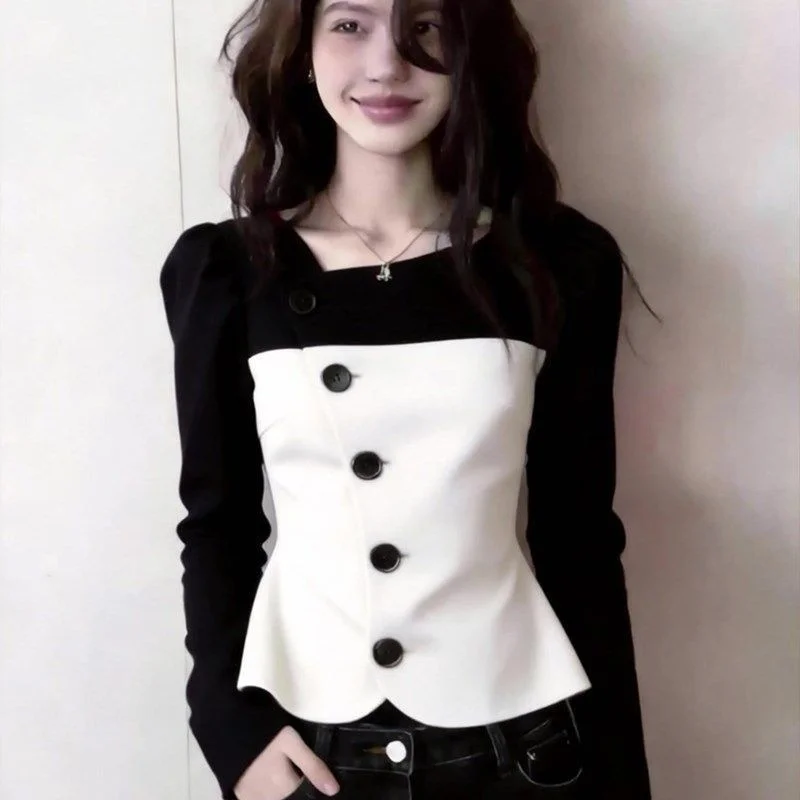 Fashion Women's Shirt Top Spring 2026 New Black And White Color Blocked Breasted Feminine Long Sleeved Shirt Blouse