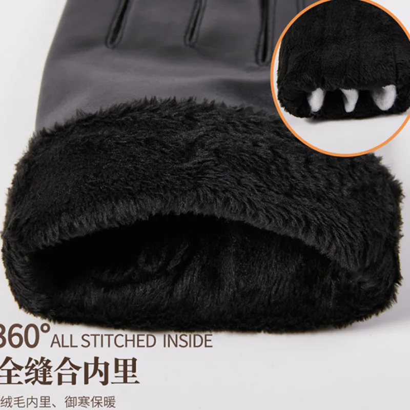 Autumn Winter Touch Screen Velvet Warmth Cycling Driving Goatskin Leather Gloves for Men Windproof Motorcycle Mittens