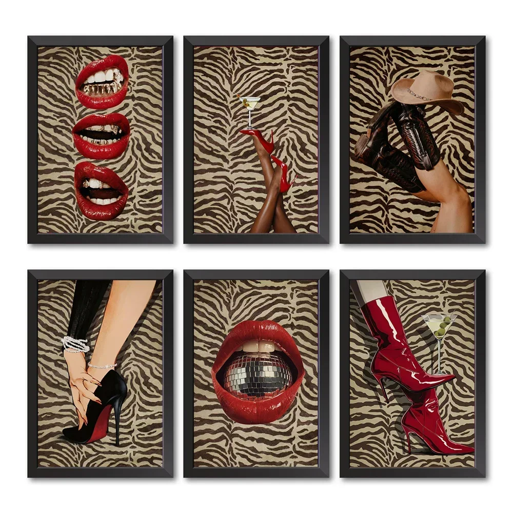Fashion Poster Featuring A Cowgirl in Red High Heels and A Martini, Western Cowboy Racing Print Home Dec
