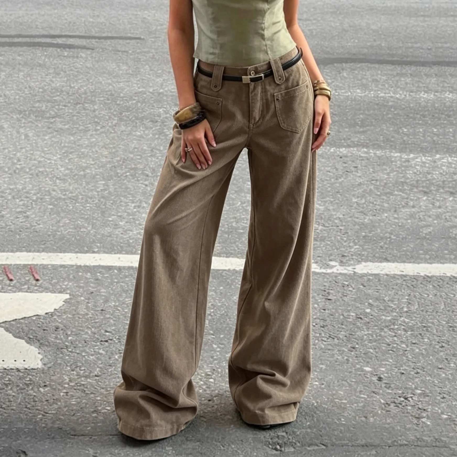 European and American retro khaki wide-leg pants high-end slimming suitable occasions casual wear Y2K style High street retro