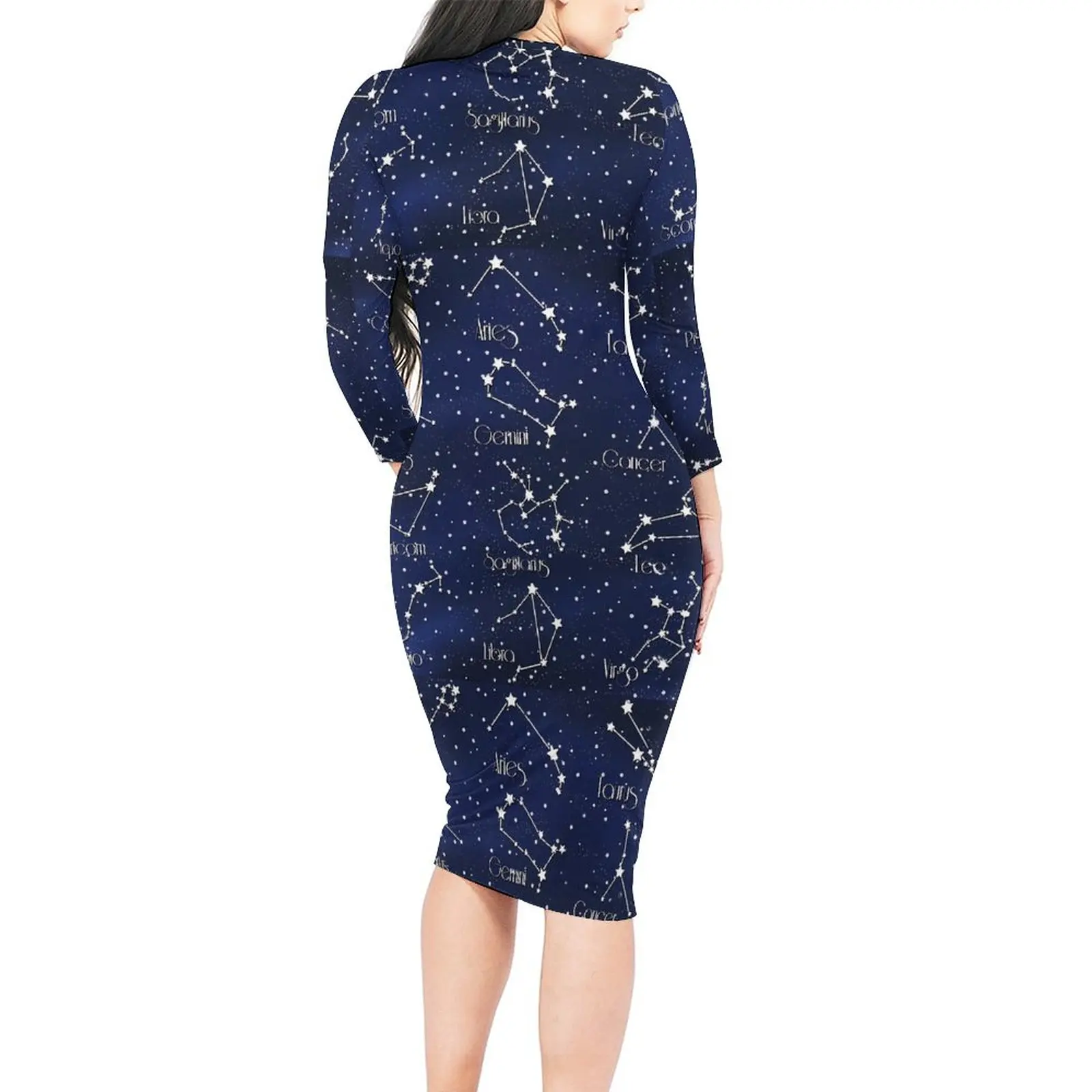 Zodiac Astrology Bodycon Dress Summer Star Print Retro Dresses Womens Long Sleeve Graphic Aesthetic Dress 3XL 4XL 5XL