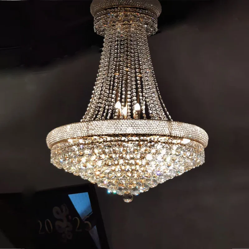 

American Luxury Layered Crystal Chandelier with Pendant Lamp Brass Gold Silver Finish Round Dimmable Ceilings