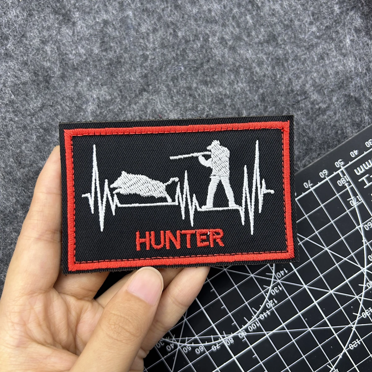 Hunter ECG Heartbeat Silhouette Embroidered Hook & Loop Patch, Hunting Themed Morale Patch for Vest Backpack Hunting Gear Jacket