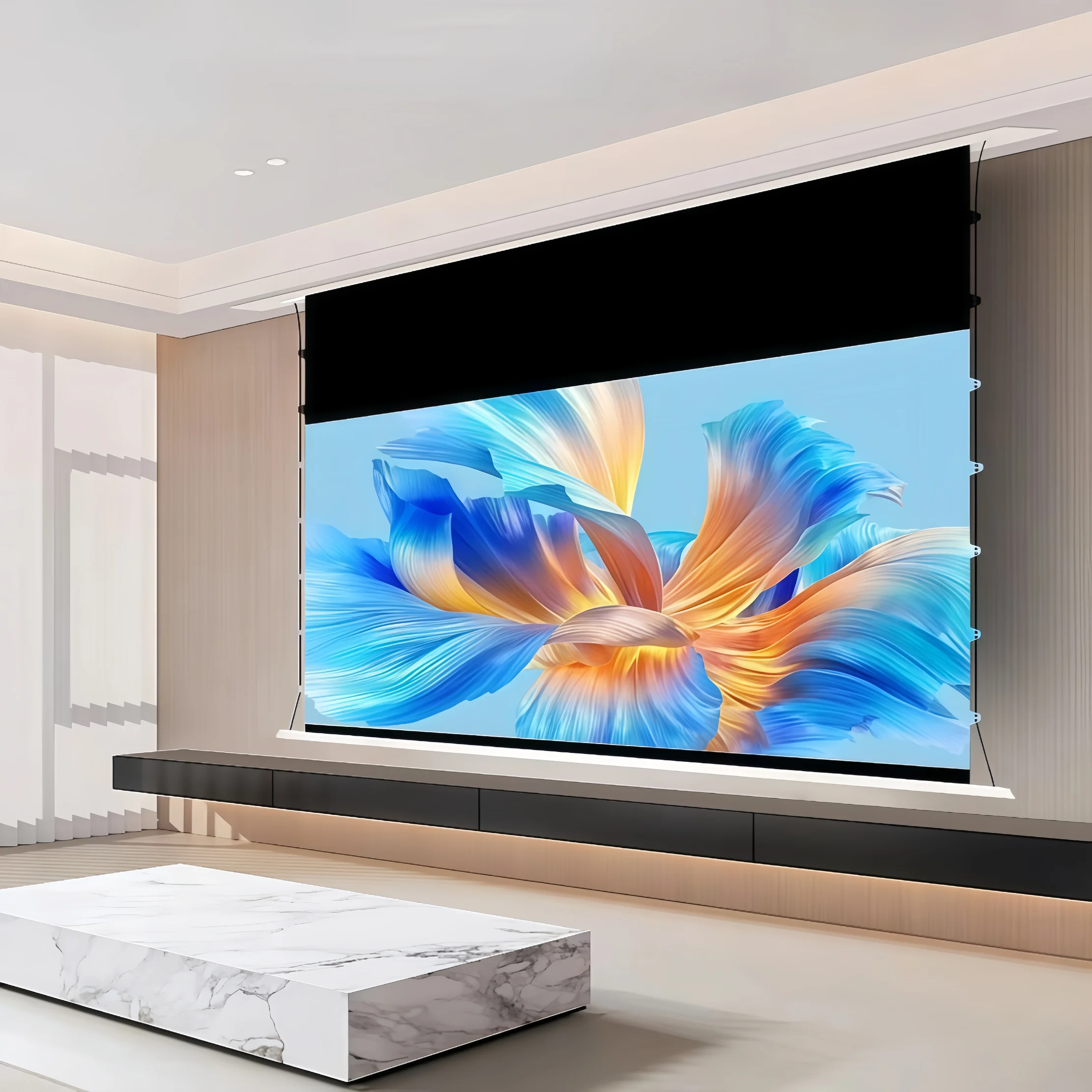 8K Fresnel Standard/Long Throw ALR 2.0 Gain Ambient Light Rejecting Home Theater AI Smart In-Ceiling Motorized Projector Screen
