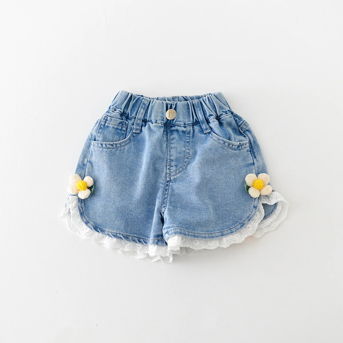 2025 Summer New Baby Children's Clothing, Girls' Sweet Shorts, Small and Medium Sized Lace Small Flower Thin Denim Hot Pants