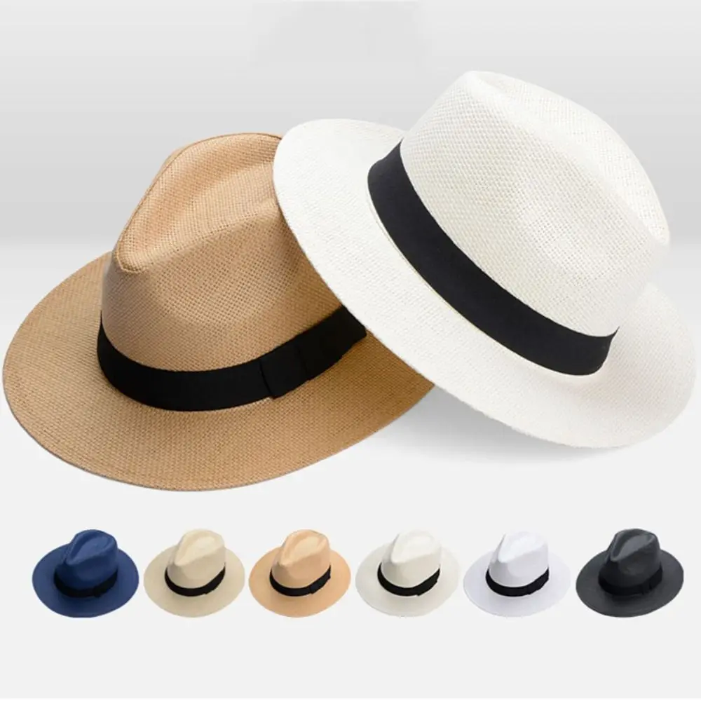 

Fashion Vintage Men Straw Hat Wide Brim Gentleman Cowboy Jazz Cap Casual Sun Protection Panama Cap Unisex